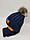 Дитячі польські зимові в'язані шапки на флісі з зав'язками і помпоном оптом для хлопців, р.46-48, Grans, фото 3