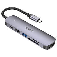 Перехідник Hoco HB28 Multi-function 6in1 (Type-C to HDTV+USB3.0+USB2.0+SD+TF+PD), Metal gray