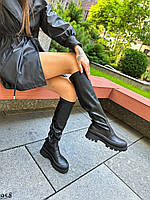 Стильні натуральні жіночі високі чоботи чорного кольору, трендові демісезонні шкіряні ботфорти