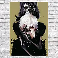 Плакат "Токийский гуль, Кэн Канэки и скелет за спиной, Tokyo ghoul", 60×43см