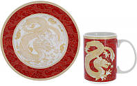 Чайная пара Золотой Дракон на красном Чашка кружка для чая и кофе 500мл, тарелка Ø20см, фарфор | HomeDreams