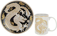Чайная фарфоровая пара Золотой Дракон на черном Чашка кружка для чая и кофе 500мл, тарелка Ø20см |