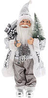 Новогодняя декоративная фигура украшение Санта Клаус с Подарками и Елкой 45см серебро с пайетками |