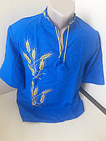 Мужская Рубашка Вышиванка Лен синяя короткий рукав Для Пары Family Look р. 42 - 60