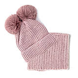 Теплий набір для дівчинки 5 6 7 8 років: зимова дитяча шапка пудра на флісі з 2 натуральними помпонами + шарф хомут пудровий, фото 2