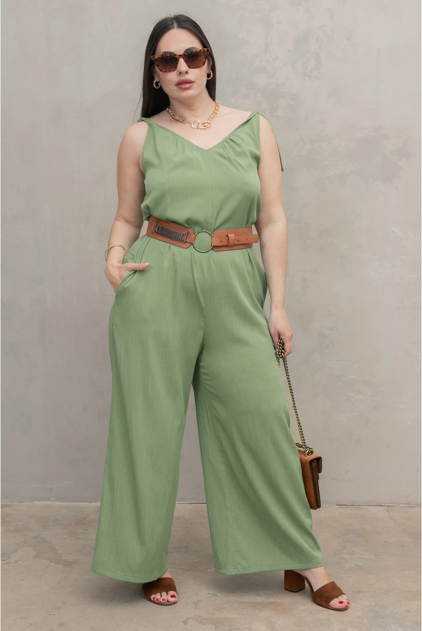 Комбінезон зелений жіночий літній із широкими штанами великого розміру 50-74. 70122