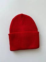 Демисезонная шапка в рубчик с отворотом, для взрослых и детей Красная