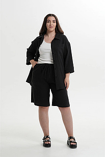 Літній костюм жіночий муслін сорочка з шортами чорний прогулянковий великого розміру 50-74. 10020-3