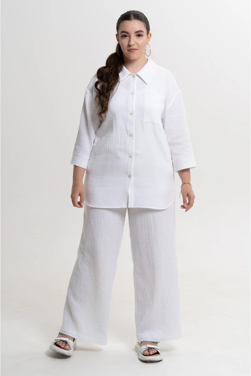 Літній костюм жіночий муслін сорочка зі штанами білий вільного крою великого розміру 50-74. 10021-1