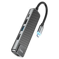 USB HUB HOCO HB23 Easy view Type-C (HDMI+USB3.0+USB2.0+RJ45+PD) / metal gray