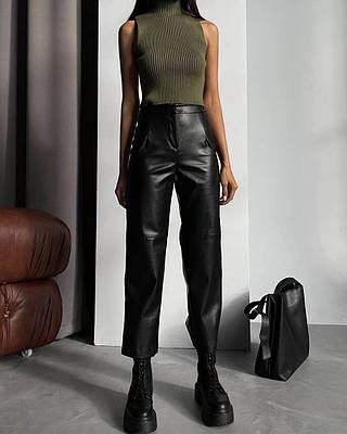 Однотонні шкіряні чорні жіночі штани з високою посадкою (42-44 і 44-46 розміри)