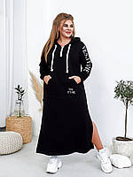 Довге жіноче плаття-худі чорне з капюшоном кишенями кенгуру з розрізами 48-50 52-54 56-58