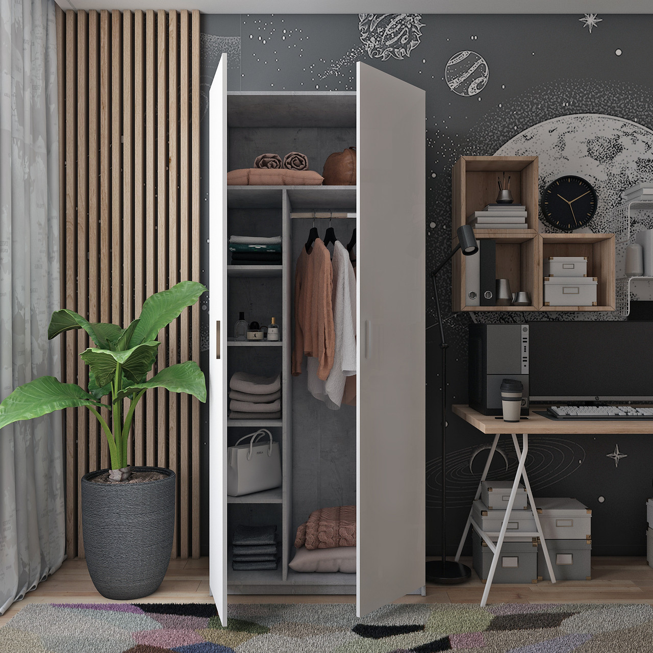 Распашной шкаф для одежды КЕН Doros цвет Бетон / Белый 2 двери ДСП ...