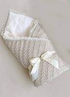 Зимний вязаный конверт-одеяло "Змейка" на махровой подкладке для выписку из роддома. Серый