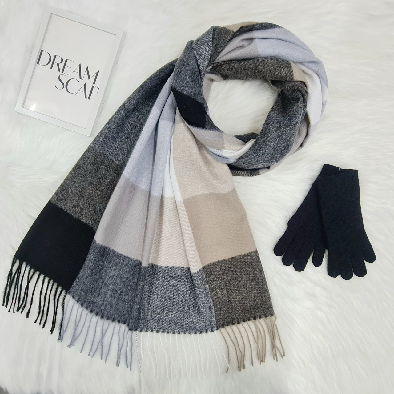 Комплект жіночий зимовий (шарф+рукавички) M&JJ One size сірий - чорний 1080 - 4062, фото 1