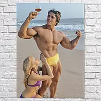 Плакат "Арнольд Шварценеггер с бокалом и девушка, Arnold Schwarzenegger", 60×43см