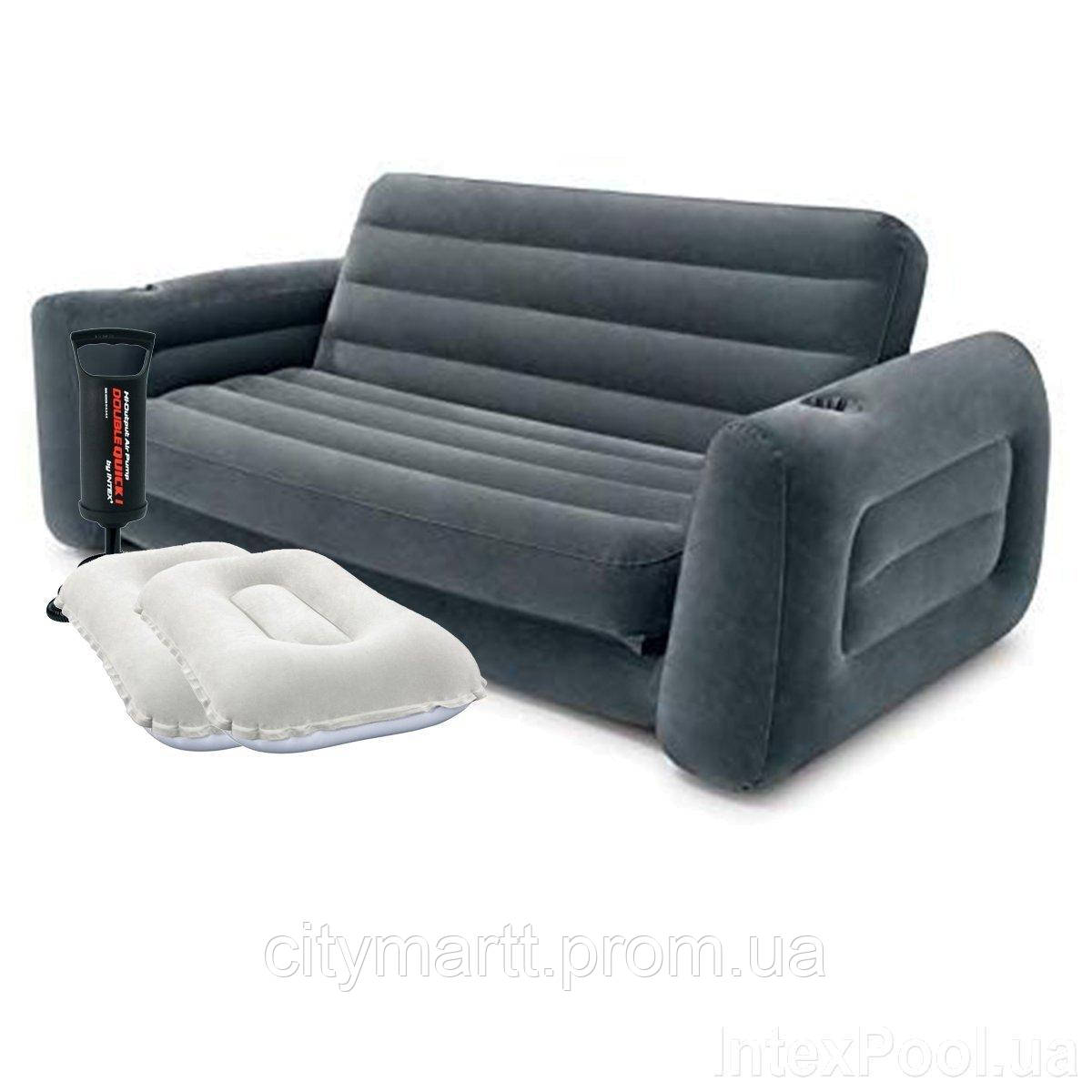 Флокированный диван трансформер 2 в 1 Intex 66552-2, 203 х 224 х 66 см, с подушками и ручным CM, код: 2404888 - фото 1 - id-p1947963915