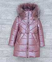 Длинное зимнее пальто на девочку с опушкой зимняя детская куртка пудровая 6-10 лет