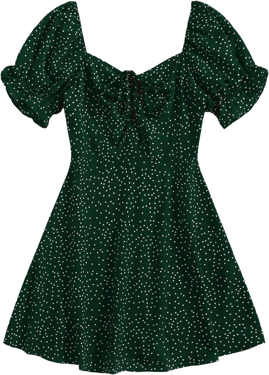 Small Forest Green Жіноча літня коротка сукня на шнурках із завязками та вишитою витяжкою з рукавамидухам