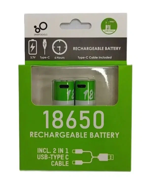Комплект: 2 акумулятори — тип 18650 3,7 В — з роз'ємом TYPE-C Smartools 2000 mah + кабель TYPE-C