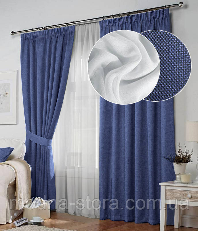 Комплект шторы и тюль. Ткань лен рогожка + шифон. Цвет: синие шторы ...