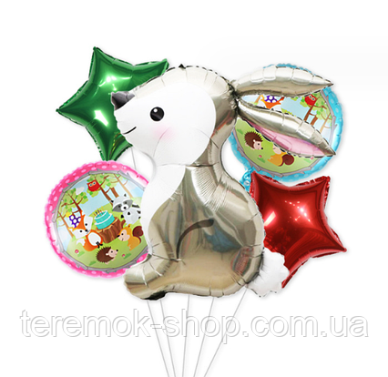 Фольговані кулі лісові звірі, дитячі повітряні кулі із зірками, набір Зайчик лісовий 5 штук