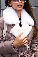 Стильне стьогане утеплене пальто жіноче італійська плащовка з білим хутром на комірі капучіно 44р