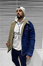 Чоловіча куртка-джинсівка на хутрі (синя) зручна тепла демісезонна з коміром А15406-3584