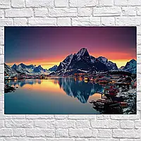 Плакат "Скандинавский посёлок и отражение горы в воде", 40×60см