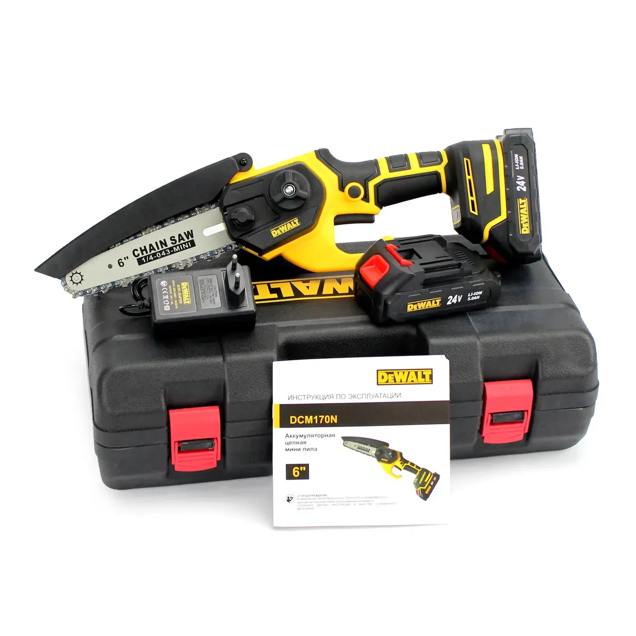 Акумуляторна мініпила DeWalt DCM170N (24V, 5A шина 15 см) з безключовим натягуванням ланцюга пила Девольт