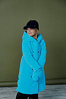 Куртка детская, подростковая, зимняя теплая с капюшоном, с поясом, дизайнерская, Бирюзовый, 110-164