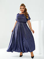 Длинное блестящее женское платье в пол с поясом в больших размерах синій, 58-60
