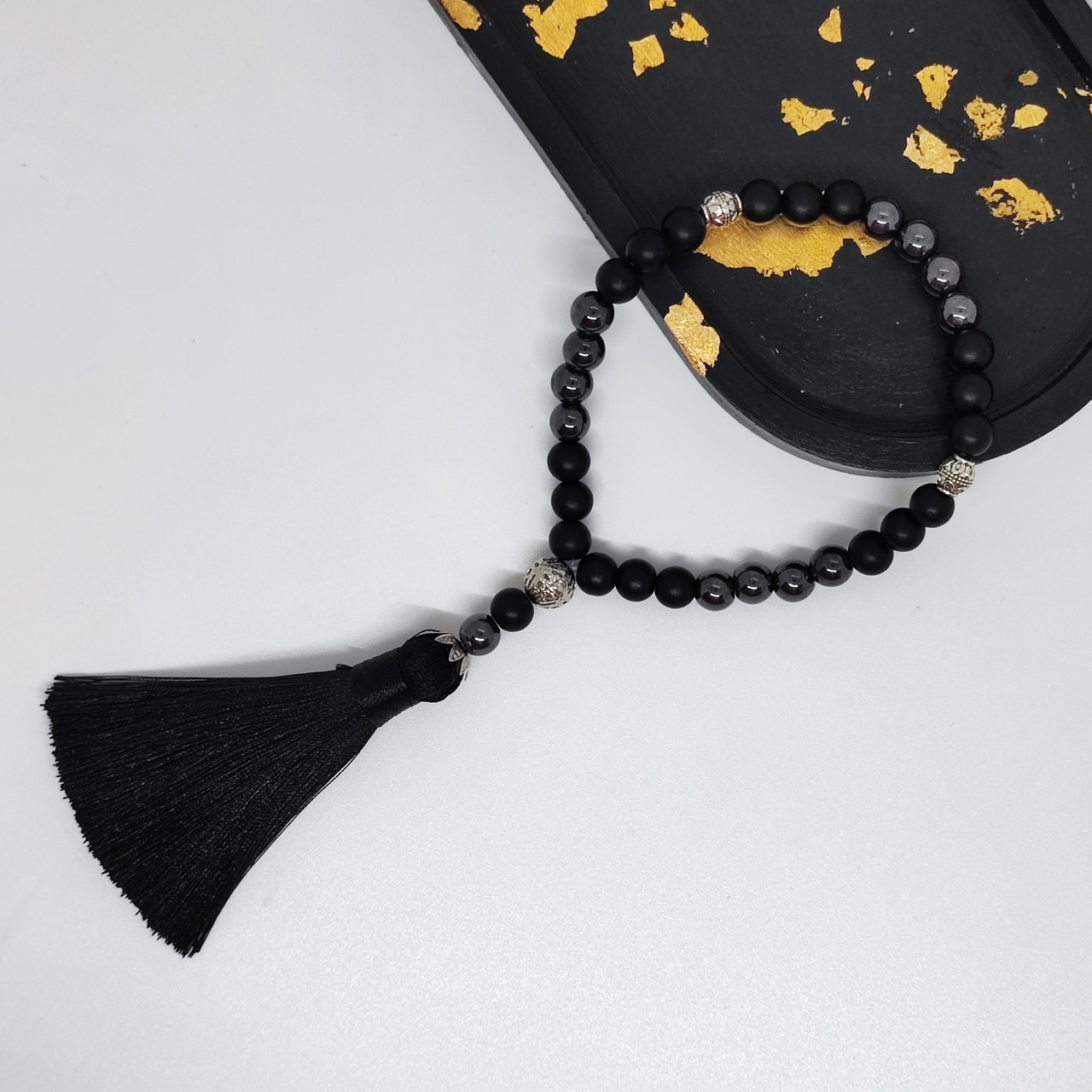 Чотки ручної роботи із гематиту і оніксу матового на 30 бусин, фото 1