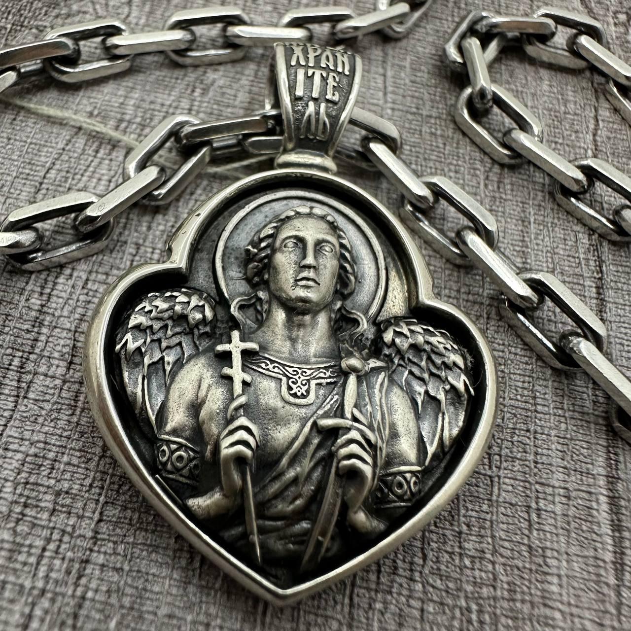 Срібний кулон із молитвою та якірний ланцюжок чоловічий комплект з чорнінням 925 проба