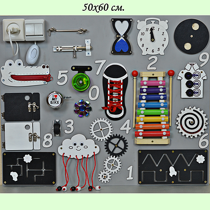 Розвивальна дошка розмір 50*60 Бізіборд для дітей "Чорно-білий" на 52 елементи, фото 2