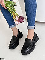 Практичные женские кожаные черные лоферы на каблуке Весенне осенние туфли Натуральная кожа Весна Осень