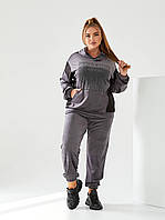 Велюровый спортивный женский костюм со стразами ( кофта с капюшоном + брюки с карманами ) в больших размерах