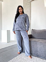 Тёплая махровая пижама женская: свитер с карманами и штаны серая 40-42 44-46 48-50 52-54 56-58 60-62 Серый, 56/58