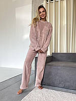 Тёплая махровая пижама женская пудровая: свитер с карманами и штаны 40-42 44-46 48-50 52-54 56-58 60-62 Пудровый, 48/50