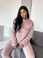 Тёплая махровая пижама женская пудровая: свитер с карманами и штаны 40-42 44-46 48-50 52-54 56-58 60-62 Пудровый, 56/58