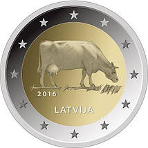 Монета номіналом 2 євро 2016 «Бура корова» Латвія “Brown cow”, фото 3