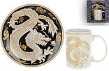 Чайна порцелянова пара "Золотий Дракон на чорному" кухоль 500 мл, тарілка Ø20 см, фото 2