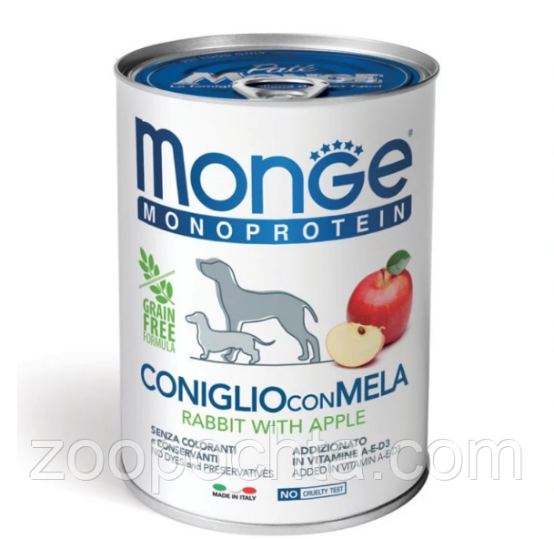 Вологий корм MONGE DOG FRUIT MONOPROTEIN для собак усых порід кролик із яблуками 0,4КГ * 24 шт., фото 1