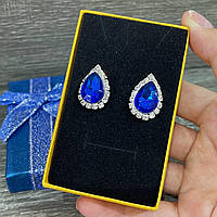 Подарок девушке - яркая классика женские серьги "Капельки в серебре с синим камнем под сапфир" в коробочке