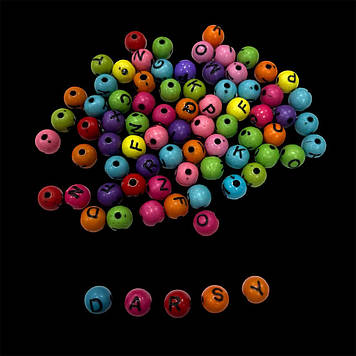 Намистини з різнокольоровими англійськими літерами круглі діаметр 8 мм (приблизно 65 шт)