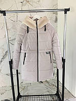 Женская качественная теплая удлиненная куртка молочного цвета еврозима, осень-зима