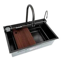 Мийка кухонна чорна з неіржавкої сталі Platinum Handmade 75*45 см "Водоспад" + змішувач