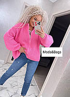 Женская объемная вязаная тёплая кофта свитер зимний на змейке цвет розовый оверсайз р.46 50