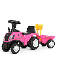 Детская каталка-толокар в виде Трактора с прицепом и инструментом лопата грабли Bambi 658T-8 Розовый