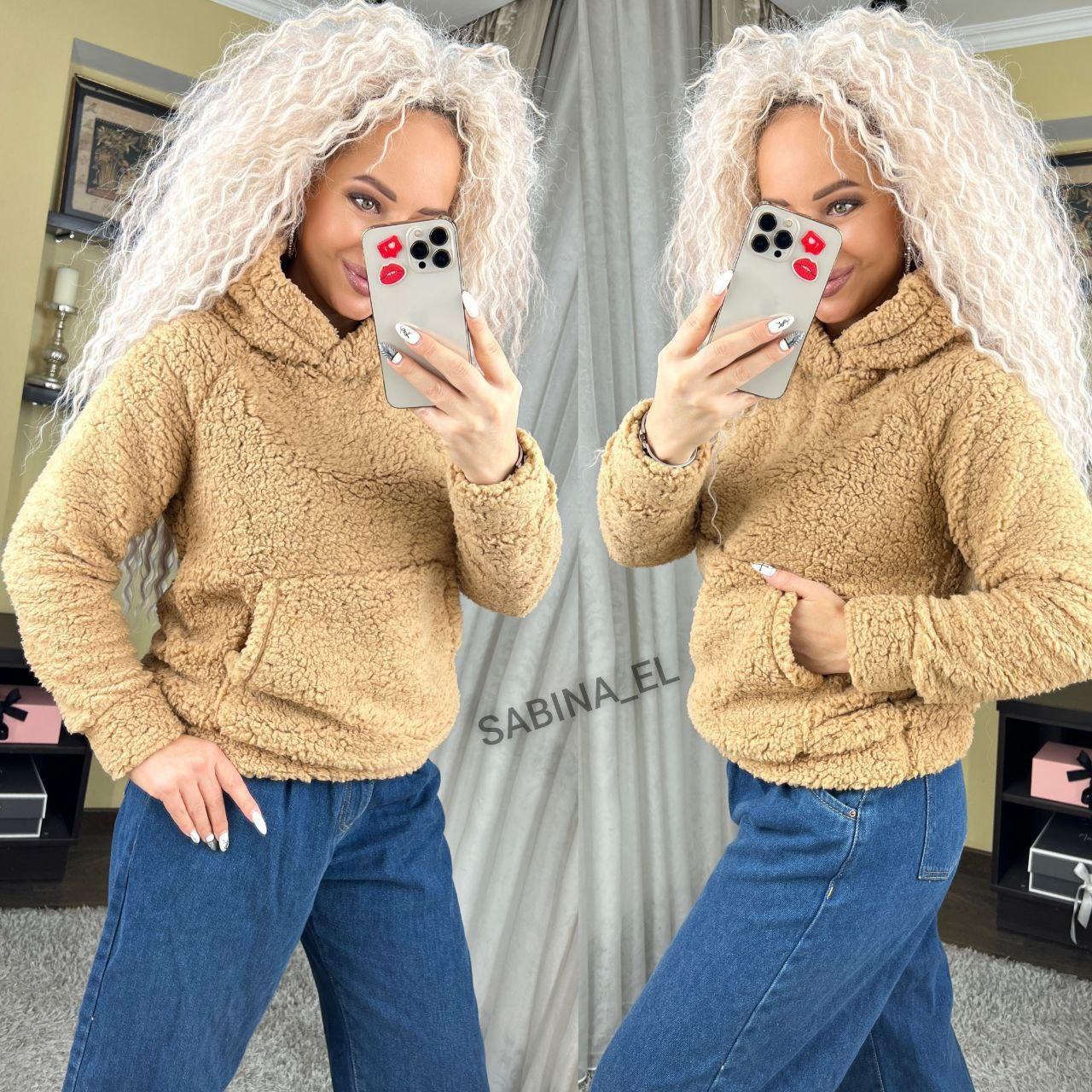 Плюшеве худі з хутра Тедді жіноче з кишенею кенгуру та капюшоном (р. 42-52) 7043100, фото 1